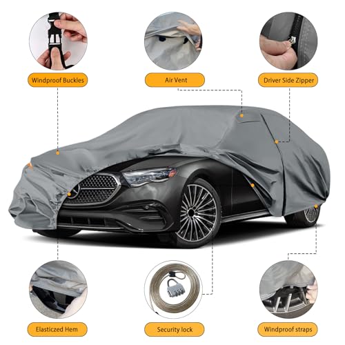 Image of Waterproof Premium Car Covers Replace for 2006-2025 Mercedes Benz E-Class E250 E300 E350, 10 Layers Heavy Duty All Weather Car Cover with Zipper Door, Windproof Bands for Snow Rain Dust Protection