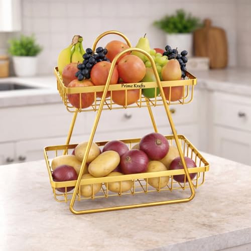 Image of 2 Tier Metal Fruit and Vegetables Basket with Handle|Fruit Vegetables Snacks and Bread Organizer for Kitchen, Dining Table, Livingroom|Bathroom Countertop Basket Stand - Gold