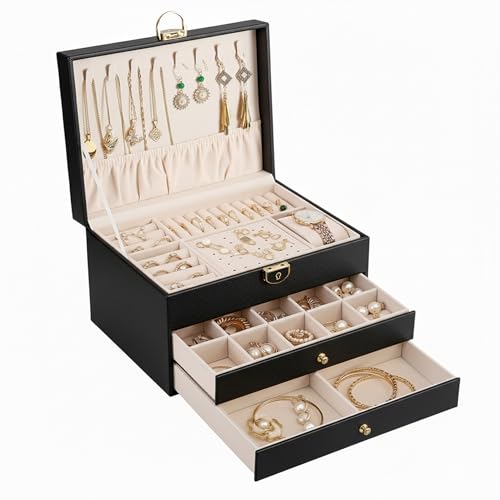 Image of Birch & Co. Jewellery Box - 3 Layer jwell organizer storage box, Portable Travel-Friendly Storage. Elegant Storage Case for Rings, Earrings, Necklaces & Bracelets, Black