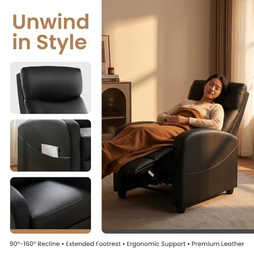 Image of Manual Recliner Chair, Oversized Lazy Boy Reclining Sofa with Adjustable Backrest & Extended Footrest, Ergonomic Single Recliner Couch for Home Theater Seating, Living Room, Bedroom, Black