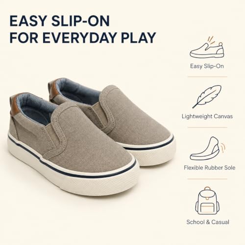 Image of waddle wonder Toddler Slip-On Shoes for Boys & Girls, Canvas Loafers with Elastic Gore, Non-Slip Rubber Sole, Casual School Walking Sneakers, Khaki-Gray, Toddler Sizes 6-12