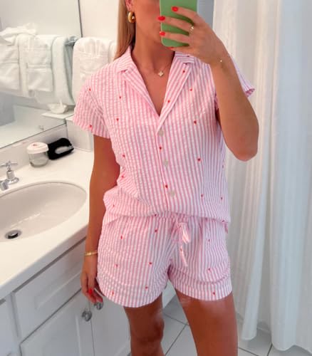 Image of Yiulangde Women's Easter Pajamas 2 Piece Sets Satin Short Sleeve Preppy Easter Eggs Bunny PJs Outfit Button Up Loungewear Set