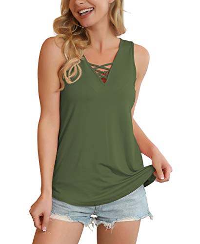 Feiersi Women's Summer Sleeveless Criss Cross Casual Tank Tops Basic Blouse Army Green XX-Large