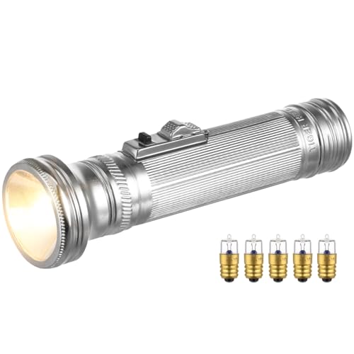 SEWACC Old-Fashioned Flashlight Small Portable Silver Iron Vintage Led Flashlight with 5 Bulbs for Outdoor Camping No Battery