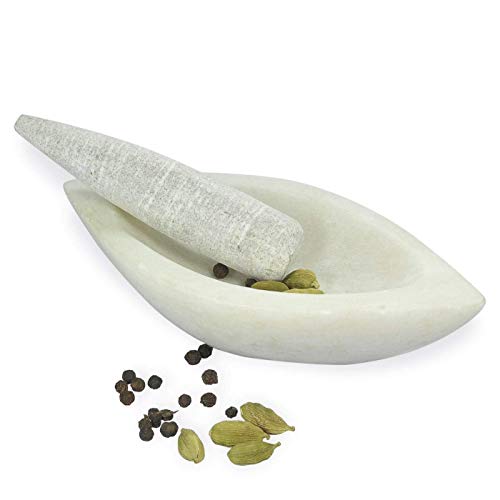 Image of HeeMo Marble Mortar and Pestle Set | Kharal | Khalbatta | 7 Inches (Boat Shape White)
