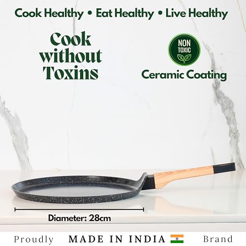 Image of Kreme Ceracook Ceramic Coated Granite Flat Tawa 28cm, ISI Certified Dosa Tawa, Forged Aluminium Body, Gas & Induction Compatible, Non Toxic, PFAS & PTFE Free, 1 Year Warranty, Midnight Black