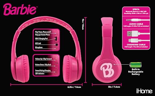 Image of Barbie Bluetooth Headphones for Kids, Wireless Headphones for School, Home, or Travel (Barbie)