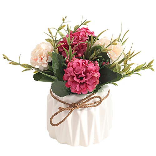 Artificial Flowers, Artificial Plants Artificial Flowers Bonsai Artificial Hydrangea Flowers in Ceramic Vase Mini Potted Plant for Wedding Home Party Office Table Decor