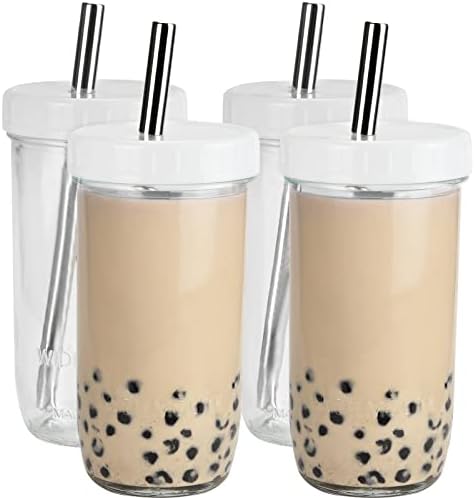 Lopecae Glass Bubble Tea Cups 4 Pack 24 oz, Reusable Wide Mouth Smoothie Cups, Iced Coffee Cups With White Lids and Silver Straws Mason Jars Glass Cups, Travel Glass Drinking Bottle