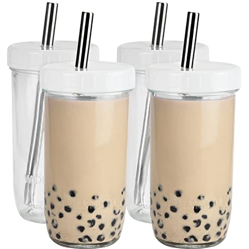 Lopecae Glass Bubble Tea Cups 4 Pack 24 Oz, Reusable Wide Mouth Smoothie Cups, Iced Coffee Cups With White Lids And Silver Straws Mason Jars Glass Cups, Travel Glass Drinking Bottle #TOP2