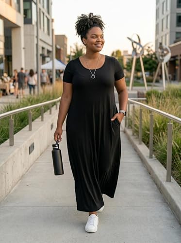 Image of SUZONANA Plus Size Maxi Dress for Curvy Women Summer Casual Sundress Short Sleeve Loose Vacation Dress