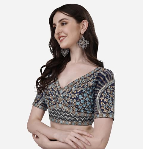Image of Pujia Mills Mills Women's Fancy Readymade Heavy Coding Embroidary Worked Half Sleeve Multicolor Saree Blouse(Mushroom)