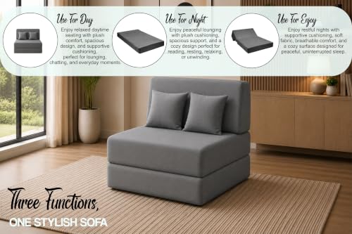 Image of Sofa Cum Bed with Jute Fabric, Convertible One Seater Sofa Bed 3x6 Ft, Comfortable Cushioned Seating, Space Saving Design for Living Room, Bedroom & Guest Room - Grey Color
