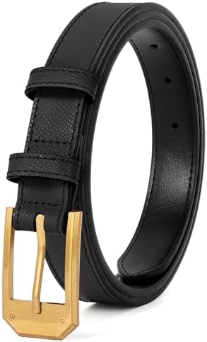 XZQTIVE Women's Thin Leather Belts Ladies Skinny Black Belts for Jeans Dress Pants Trendy Waist Belt with Gold Buckle
