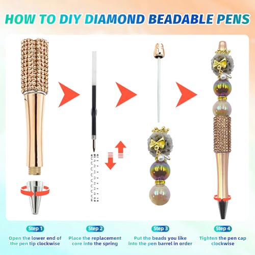 Image of 150 Pcs DIY Diamond Beadable Pen Kit - 50 Plastic Rhinestone Beaded Pens Bulk with Refills & Bags - Fancy Cute Glitter Pens for Crafting, Students & Teachers - School Supplies (Gold)
