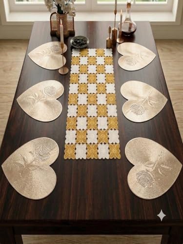 Image of Dakshya Industries PVC Waterproof Round Table Placemats & Table Runner Combo | 6 Round Mats (38 x 38 cm) + 1 Runner (91 x 33 cm) | Heat Resistant, Washable, Non Slip (Brillenza)