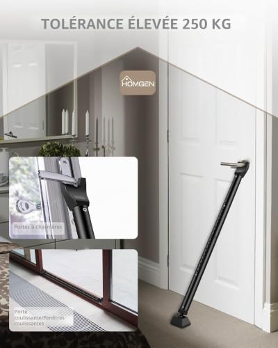 HOMGEN Barre de sécurité réglable pour porte coulissante, barre de verrouillage télescopique haute pour porte française, serrure de terrasse coulissante, noir – vue 3
