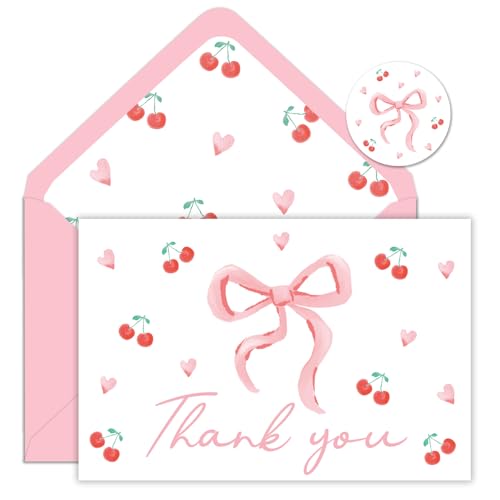 FYSUIMU 24 Pack Pink Bow Cherry Thank You Cards Coquette Bowknot Greeting Cards with Envelopes Stickers Blank Note Cards for Mother's Day Wedding Baby Shower Birthday Party, 4 x 6 Inch