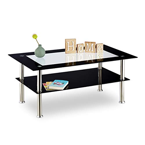 Preisvergleich Produktbild Relaxdays, schwarz Couchtisch Schwarzglas, 2 Ablagen, niedrig, durchsichtige Tischplatte, Edelstahl, 100 x 60 x 42 cm, Standard