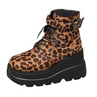 DFSDJEUW womens ankle wellies Knee High Boots Women's Spring Autumn And Winter Round Toe Thick Leopard Print Fashionable Side Zipper Motorcycle Large Size Casual work shoes women Coffee 4