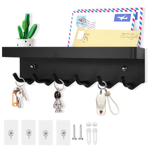 Echehi 6 Ganchos Cuelga Llaves Con Estanteria, Autoadhesivo a Prueba de óxido Metal Colgador Llaves Pared Adecuado para Entrada. Negro