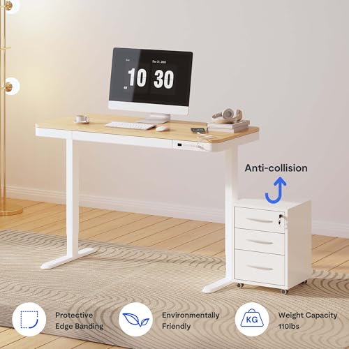Image of FLEXISPOT Comhar 48 inch Electric Standing Desk with Drawers, USB Charging Ports, Quick Assembly, Height Adjustable Sit Stand Desk with Child Lock for Natural Home Office, Bamboo Finish Top /White Legs