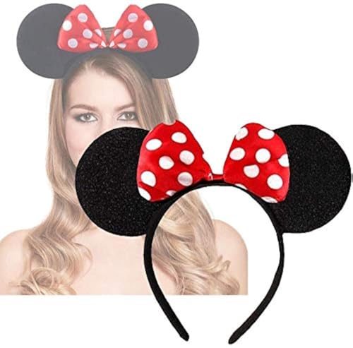 Diadema con orejas de Minnie Mouse en Alicia con lazo rojo y blanco para adultos/niños, accesorio de disfraz para la cabeza, regalo de decoración de fiesta, Reino Unido (lazo de lunares rojos)