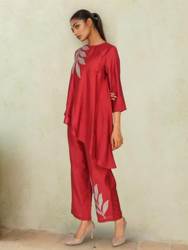 Image of Women's Magenta Chanderi Sequin Embroidered Co-ord Set | Round Neck 3 /4 Sleeve Asymmetric Top with Trousers | Festive Co-ord for Party, Wedding