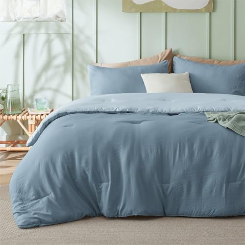 Image of Bedsure King Comforter Set, Mineral Blue Soft Prewashed Bedding for All Seasons, 3 Pieces GentleSoft Bed Set, 1 Lightweight Comforter (104 inchx90 inch) and 2 Pillowcases (20 inchx36 inch)