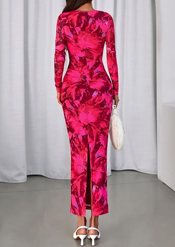 PRETTYGARDEN Fall Wedding Guest Dresses for Women 2025 Long Sleeve Ruched Sexy Bodycon Floral Mesh Cocktail Party Maxi Dress