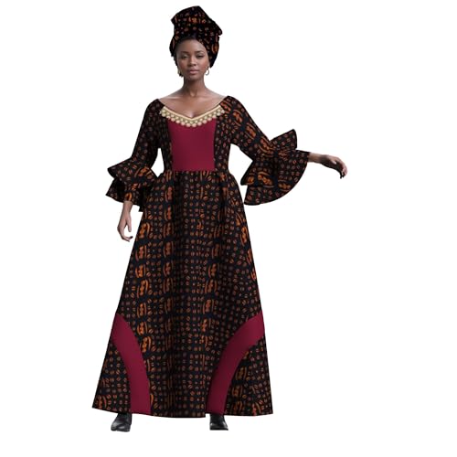 Image of iooiooi Womens African Print Party Maxi Dress Tradition Dashiki Ankara Long Dress & Headwrap