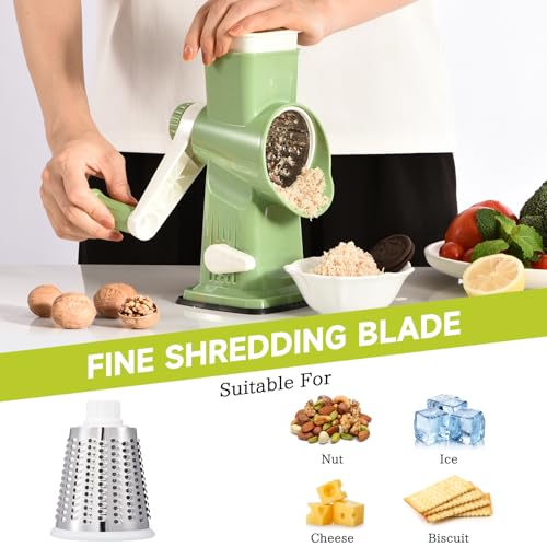 Image of Rotary Cheese Grater Hand Crank Transparent - Shredder Slicer Grinder 3 Stainless Steel Blades, Stable Suction, Labor-Saving Handle, Safe Kitchen Tool for Cheese, Vegetable, Nuts, Chocolate