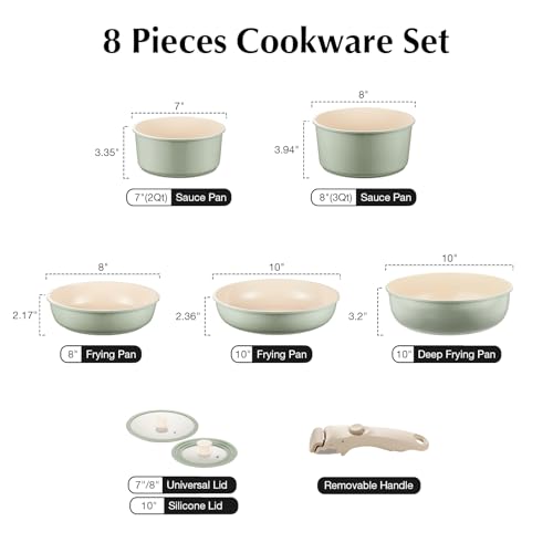 Ceramic Pots and Pans Set Non Stick Green, 8 Pcs Nonstick Cookware Set with Detachable Handle RV Camping Induction Kitchen Cookware Set Non Stick, PFAS PFOA & PTFE Free - Image 2