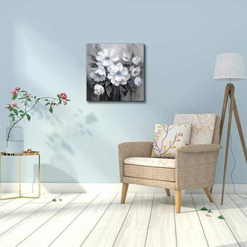 AnZhongArt Bathroom Canvas Wall Art, Bathroom Wall Decor,Living Room, Bedroom,Office,Small Gray and White Blue Flower Wall Decoration, 12x12 inches - Image 3