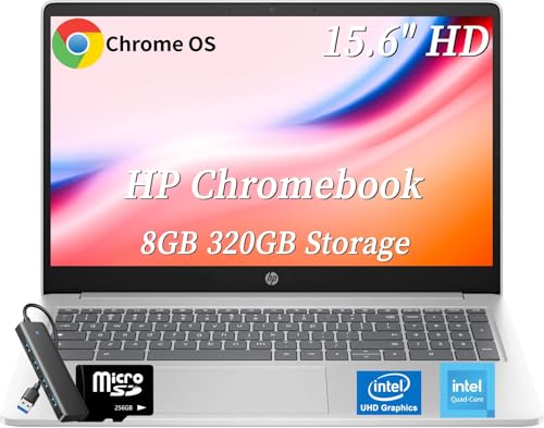 HP Chromebook Laptop Student Business, 15.6" HD Anti-Glare Display, Intel Quad-Core N200, Chrome OS, Intel UHD Graphics, 8 GB RAM, 320 GB Storage (64 GB eMMC + 256 GB MicroSD), Wi-Fi 6, w/Accessories