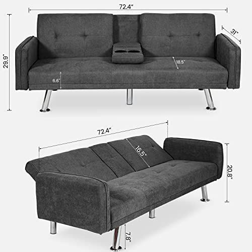 Awqm Futon Sofa Bed,Modern Upholstered Convertible Folding Sleeper Sofa,Recliner Futon Couch Bed With Armrests 2 Cup Holders,For Living Room,Apartment,72.4" L X 18.5" D X 29.9" H,Dark Grey #TOP2