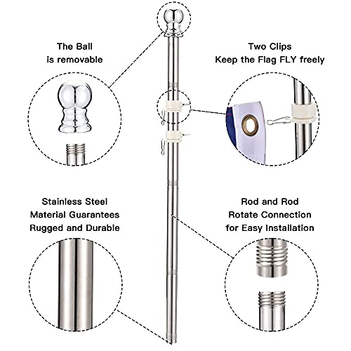 Phitric 6 Ft Flag Pole For Kit, Tangle Free Spinning Weather Resistant Rustproof Stainless Steel Flagpole Suitable For 3X5 Heavy Garden Flag 1" Dia Flag Pole For House, Wall-Mounted (Without Bracket) #TOP2