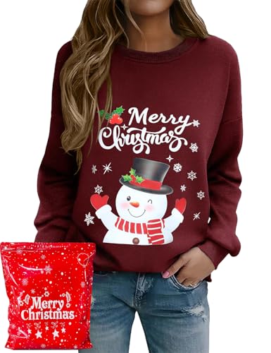 Lonya Sudadera Navideña Mujer Jersey Feo Ugly Christmas con Árbol de Navidad Manga Larga Cuello Redondo Informal y Divertida Camisetas para Fiestas Muñeco de Nieve-Borgoña,S