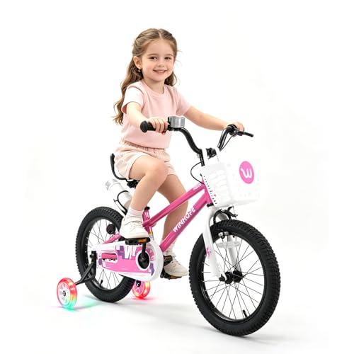 Image of WinHope 12-18 Inch Kids Bike with Light up Training Wheels for Boys Girls | Dual Brake Bicycle with Basket Adjustable Seat Water Bottle for Summer Riding Birthday Gift for Toddler 2-9 Years
