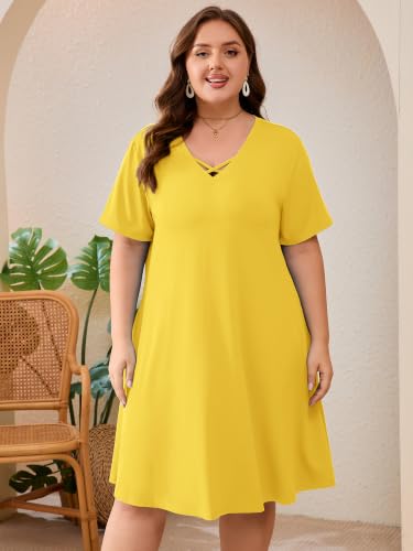 Image of AusLook Plus Size Midi Dress for Women Short Sleeve V Neck Criss Cross A Line Summer Casual Vacation Sundresses with Pockets