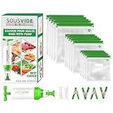 SOUSVIDE ART 37pcs Reusable Vacuum Seal Bags with Vacuum Sealer - 30 Cooking and Storage Bags of 3 Sizes with Pump and Sous Vide Cooker Accessories - Food Safe Kit, Keeps Food Fresh
