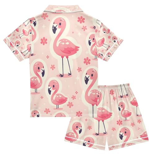 senya Cute Flamingo Pink Satin Summer Pajama Sets Silk Short Sleeve Button Down Sleepwear2