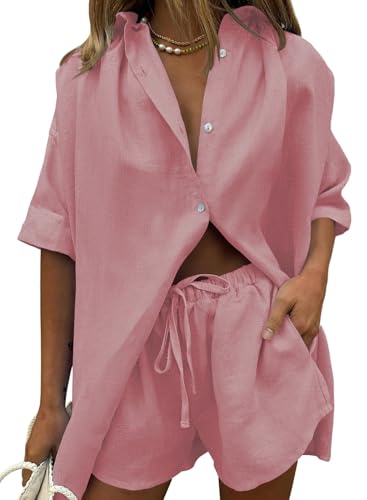 Image of Fixmatti Women 2 Piece Outfits Long Sleeve Button Down Blouse and Shorts Sweatsuit Sets