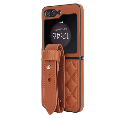 Coque Samsung Z Flip 5 avec bracelet réglable pour femme active, étui antichoc brun