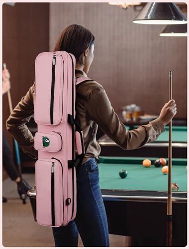 PEKREWS Pool Cue Case 4x4, Pool Stick Case for Women Soft Padded Billiard Cue Carrying Case with Multiple Pockets Holds 4 Butts 4 Shafts, Cue Stick Bag with Backpack Straps, Pink