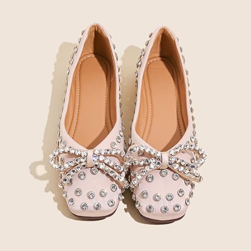 Women's Rhinestone Bowknot Casual Flats Elegant Square Toe Rivet Soft Sole Non-Slip Ballet Loafers for Party, Date, Casual4