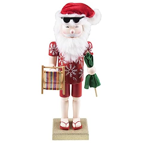 Merry Christmas Co. 14 Inch Traditional Wooden Nutcracker, Festive Holiday Tabletop Décor, Beach Santa Cover