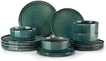 Vancasso Starry Ensembles de assiettes et de bols,12 Pièces Ensembles de vaisselle vert pour cuisine, Ensemble de vaisselle moderne en grès pour 4,Lave-vaisselle et micro-ondes sans danger