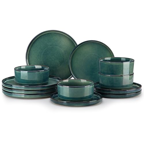 Image of vancasso Starry Plates and Bowls Sets,12 Pieces Green Dinnerware Sets for Kitchen,Modern Stoneware Dishes Set for 4,Dishwasher and Microwave Safe