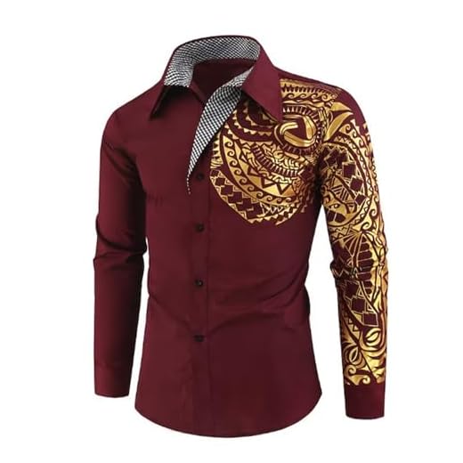 Camisa masculina de lazer estampada em 3D de manga comprida e colarinho aberto com botões frontais, Vinho tinto, XG